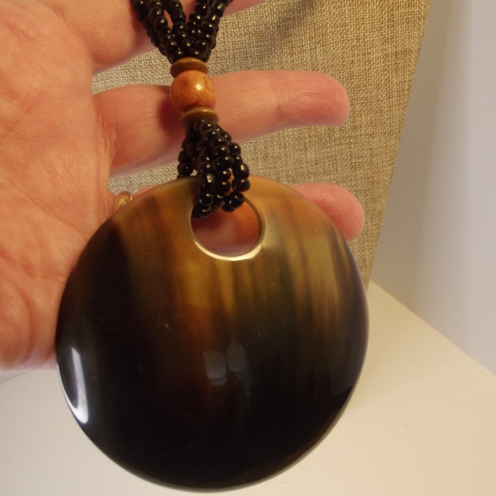 Boho Pendant necklace black seed beads Lucite "Shell" or "Horn"